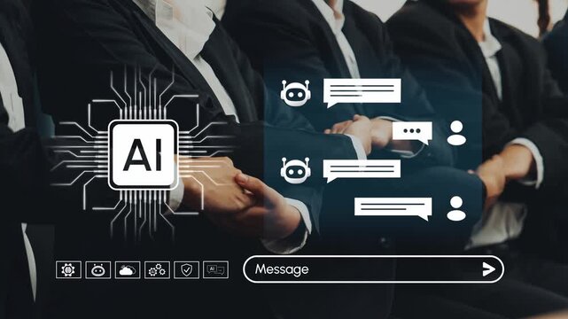 Abstract representation of artificial intelligence concept in business communication with professionals interacting in a modern office environment. Entropy.
