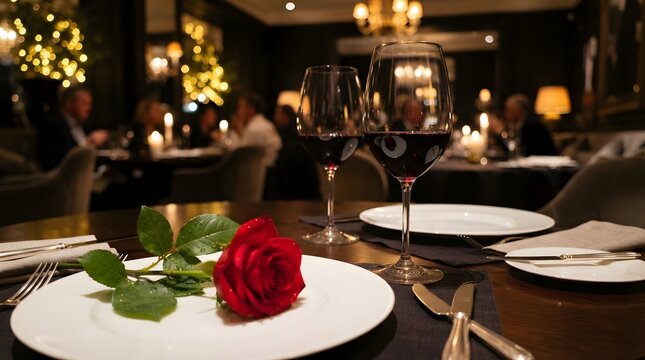 Romantic dinner table setting with red rose and wine glasses in a luxury restaurant