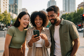 Fototapeta premium Three diverse young friends laugh together looking at smartphone screen outdoors. Happy group of multiracial people uses mobile device in city street during summer. Cheerful man, women enjoy social
