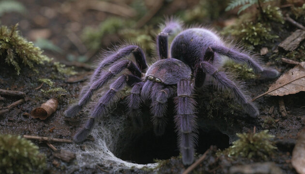Purple Tarantula Resting Beside Burrow on Damp Forest Floor