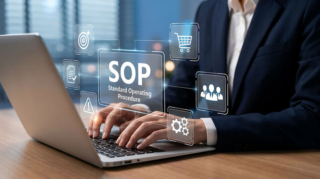 Businesswoman using laptop for SOP standard operating procedure compliance concept