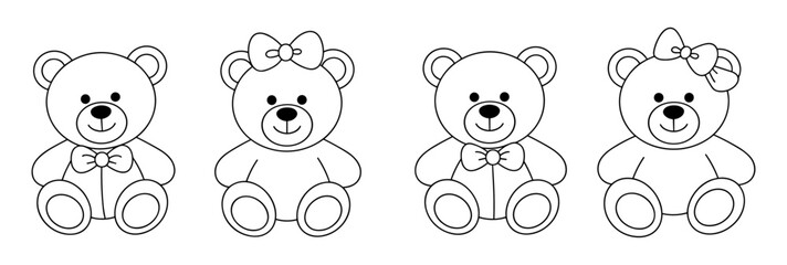 Fototapeta premium A collection of four simple line art teddy bear illustrations with bows and bow ties