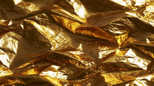 A close-up view of crumpled gold foil with shiny reflective surfaces and textured creases
