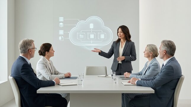 Executive Team Presenting Cloud Computing Strategy in Modern Corporate Meeting