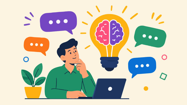 Thinking professional working on laptop with brain lightbulb idea and colorful talk icons.