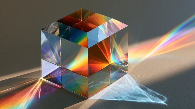 A crystal cube refracts light into a kaleidoscope of colors on a dark background