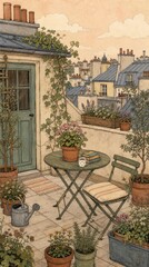 Fototapeta premium Charming rooftop garden scene, vintage style, ideal for mobile wallpaper.