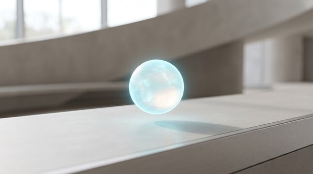 Glowing light orb hovering above a smooth surface in a modern architectural space.