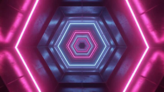 Futuristic Hexagon Tunnel with Glowing Neon Lights