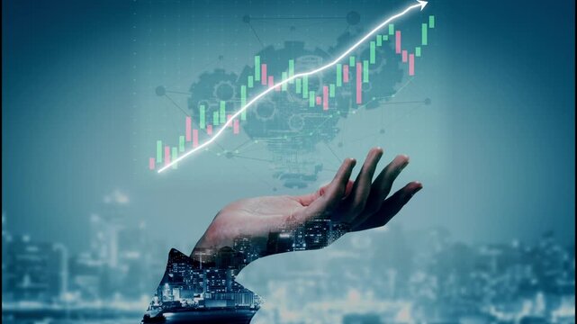 Hand reaching towards a rising stock market graph with city skyline background representing finance growth and investment success in digital environment Copula
