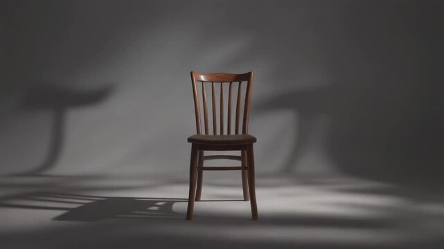 Minimalist Wooden Chair with Shifting Abstract Light and Shadow Patterns