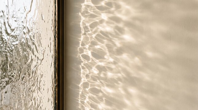 Sunlight casting caustic water reflections through textured glass onto a beige wall