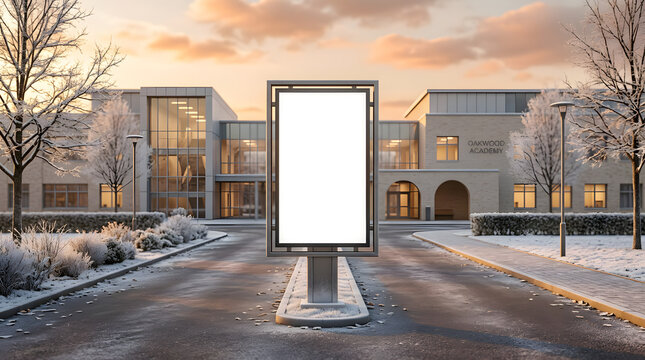Blank vertical billboard mockup in front of modern building in winter sunset