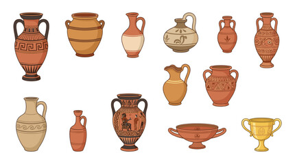 Ancient Greek Vase and Amphora Vector Icon Set with Traditional Pottery Urns Jugs and Ceramic Vessels for History and Archeology Graphic Designs © MstZaheda