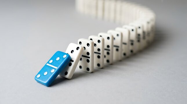 Blue domino piece knocking over a row of white dominoes in a chain reaction sequence