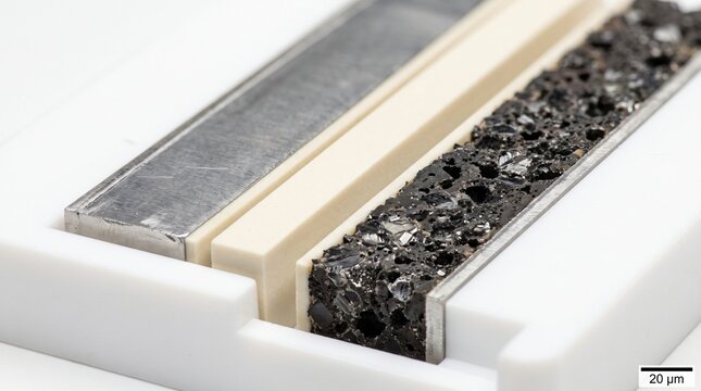 Microscopic cross section of solid oxide fuel cell layers showing porous anode and ceramic electrolyte for clean energy technology research
