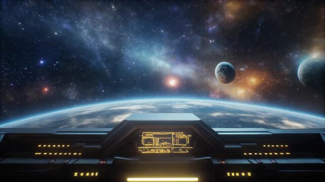 Futuristic Spaceship Cockpit Interior Approaching Earth Orbit