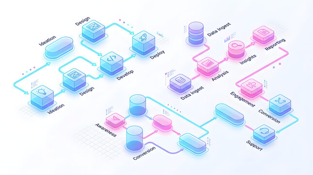 Data Flow Diagram: A colorful and modern isometric infographic illustrates a complex data processing pipeline, showcasing various stages from input to analysis and engagement with clean.