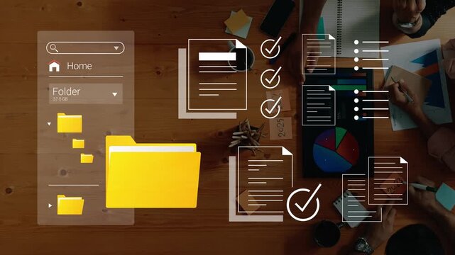 Aerial View of Workspace with Digital Tools for Organizing Documents and Managing Projects on Wooden Desk Background Gluon.