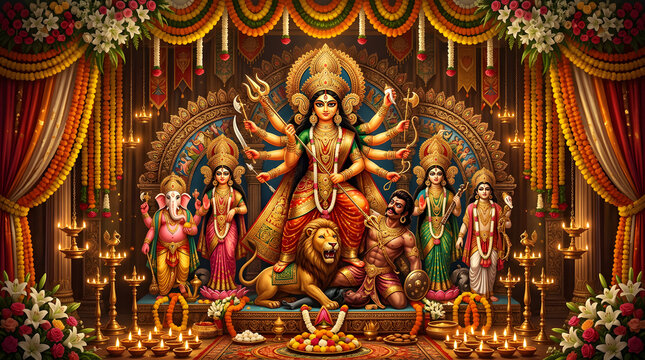 Goddess Durga idol with family during Durga Puja festival.