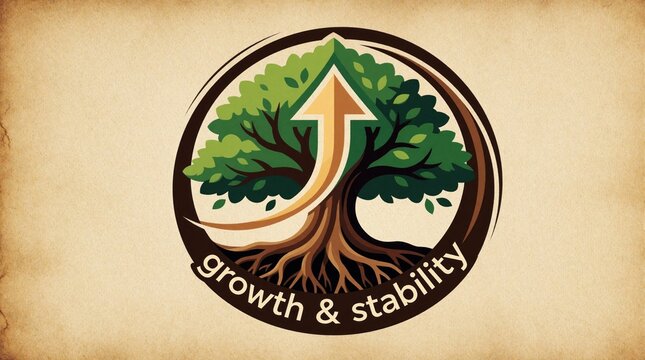 Stylized tree with upward arrow and roots forms logo. Text reads growth stability. Represents business development success and sustainability in nature.