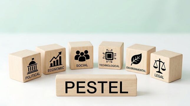 PESTEL analysis concept with wooden blocks showing business strategy and market factors.