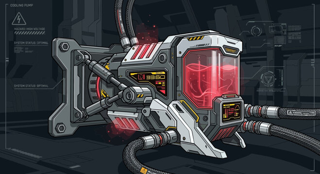 Futuristic sci-fi machine with glowing red liquid and pipes