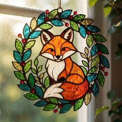 Naklejka premium Stained glass fox hangs in leafy wreath by window. Sunlight illuminates colorful handmade craft decor. Fox art creates warm cozy indoor ambiance. Nature inspired home adornment.
