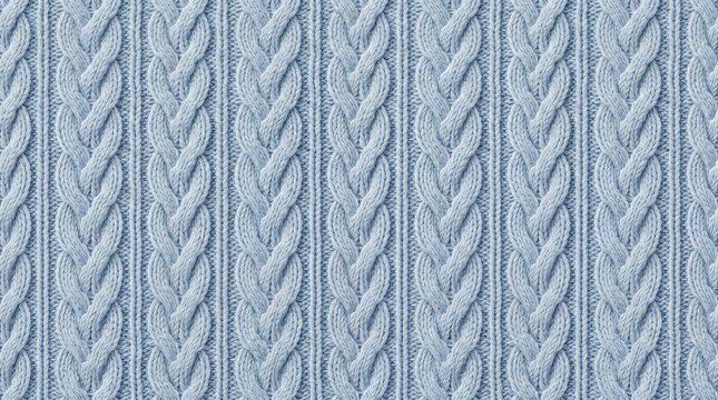 Light blue knitted textile with intricate cable knit pattern in soft studio light for cozy winter fashion