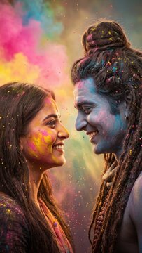 Shiva Parvati Holi Portrait &ndash; Divine Couple Celebrating Colors