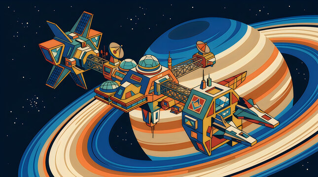 Retro style space station and planet illustration. Vintage sci-fi concept art with spaceship and rings. Futuristic retro vector graphic for posters and book covers.