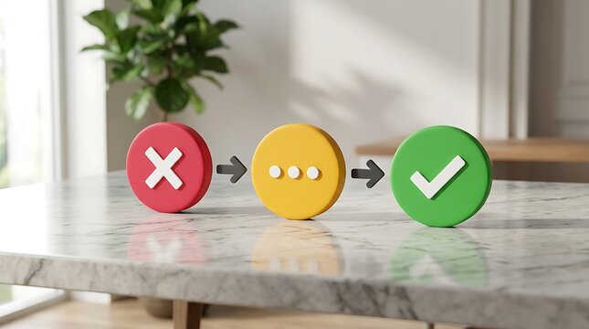 3D icons showing process from wrong to right with progress step on marble table background