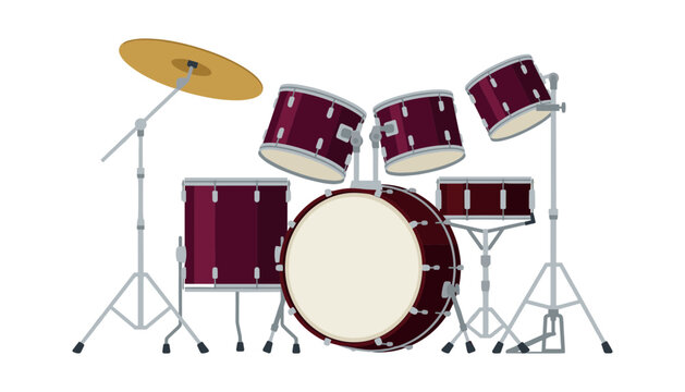 PrintComplete acoustic drum kit vector illustration featuring bass drum, tom-toms, floor tom, snare, and ride cymbal on white background.