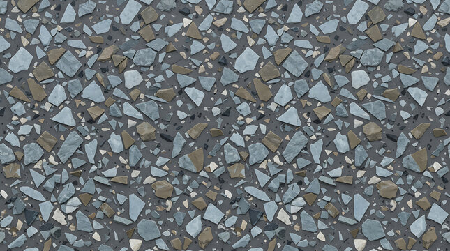 Charcoal grey terrazzo pattern with blue grey and tan stone chips background texture