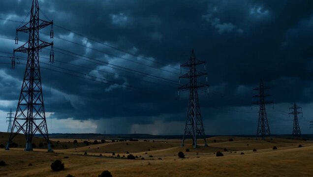 Electricity pylons standing in a dry field under dark storm clouds, indicating an impending storm and power infrastructure in a rural landscape.