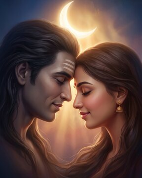 Shiva Parvati Divine Union &ndash; Forehead Touch Devotional Portrait