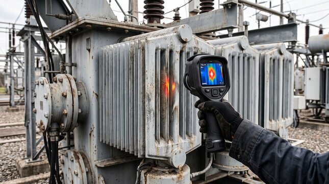 Infrared thermography testing electrical transformer. Heat detection scan, thermal imaging camera inspection, industrial maintenance concept, electrical utility diagnosis, energy sector safety.
