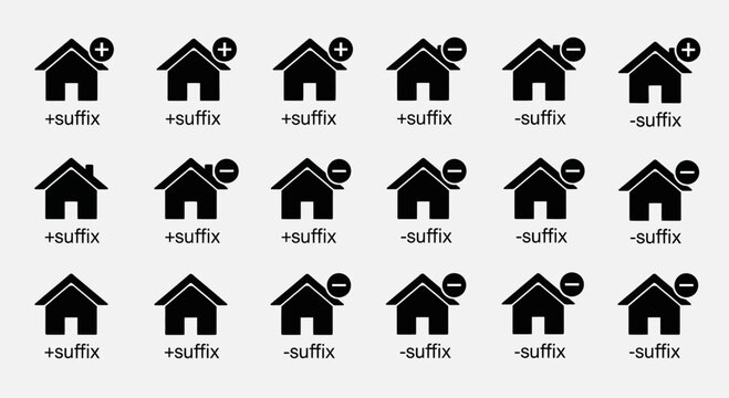 Set of minimalist house icons with suffix and prefix labels for digital interfaces