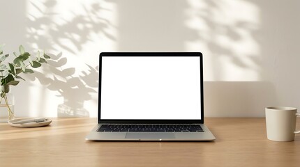 Fototapeta premium Laptop with blank white screen on wooden desk with plant and coffee cup