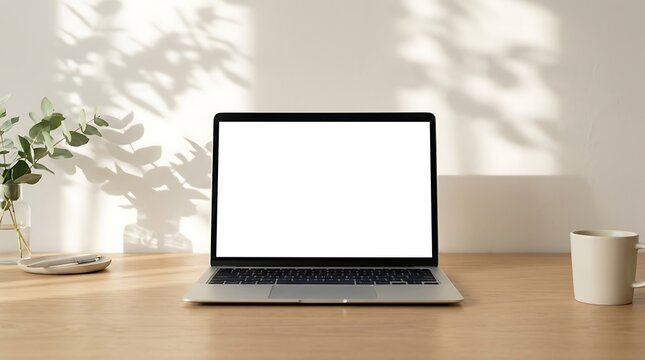 Laptop with blank white screen on wooden desk with plant and coffee cup