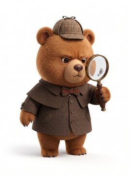 Cute cartoon bear detective holding a magnifying glass.