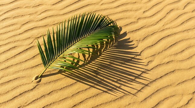 Green palm leaf on textured desert sand with long shadow for summer travel background