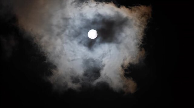 Ethereal Smoke Skull Emerging Beneath a Full Moon in a Dark Night Sky with Misty Clouds and Atmospheric Abstract Texture