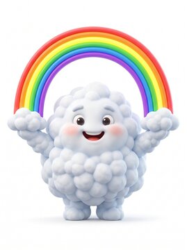 Cute cartoon cloud character under a colorful rainbow.