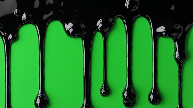 Viscous black liquid dripping slowly down a vibrant green surface against a dark backdrop