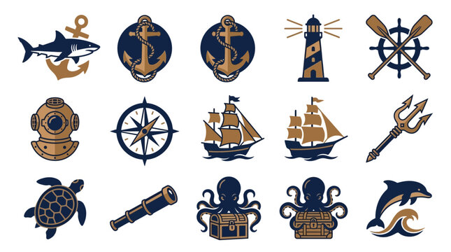 Navy and gold nautical icons with sea life illustrations