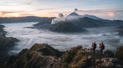 Fototapeta premium Two photographers standing on a cliff edge overlooking the active Mount Bromo volcano during a misty sunrise in Indonesia.