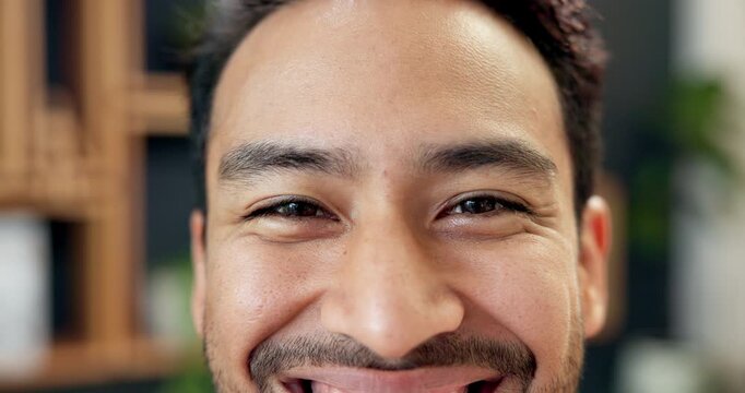 Face, eyes and person with optometry at clinic, vision assessment or contact lenses for visual correction. Eye care, portrait and man with myopia check for optical wellness, eyesight test and smile