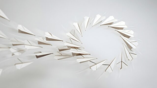 Paper airplanes converging into circular pattern &ndash; Suitable for group alignment, corporate strategy, or consensus building.