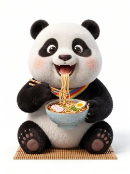Cute cartoon panda bear eating noodles with chopsticks.